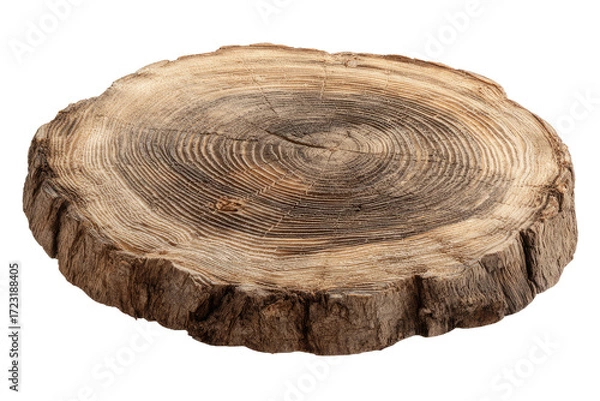 Obraz Rustic, circular wood slice, showing prominent growth rings and rough, uneven edges; light brown tones