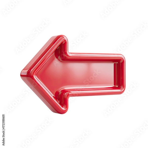 Fototapeta Glossy, three-dimensional red arrow pointing left, rendered with subtle highlights and shadows
