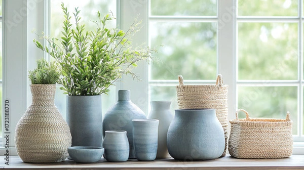 Fototapeta Serene Home Decor Display of Ceramic Vases and Woven Baskets by a Window