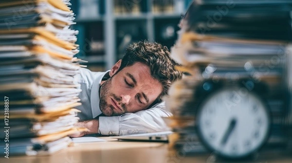 Fototapeta Overworked office worker asleep at desk surrounded by stacked files in modern workspace captured in low-resolution setting for stress and productivity concepts