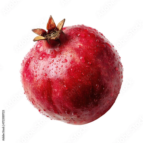 Fototapeta Single, vibrant red pomegranate, covered in water droplets