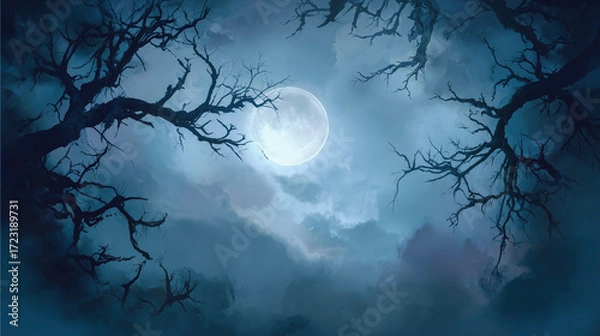 Fototapeta Wide Full Moon Shining Through Dense Gray Clouds with Twisted Bare Tree Branches in Foreground Against Evening Sky