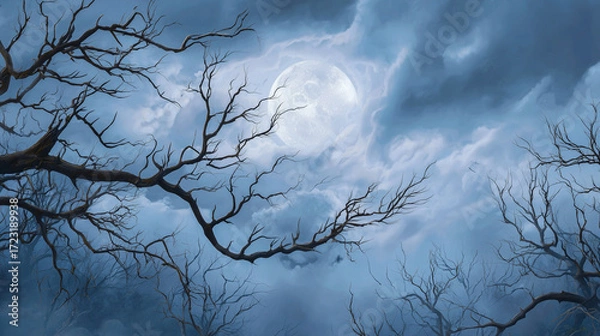 Fototapeta Wide Full Moon Shining Through Dense Gray Clouds with Twisted Bare Tree Branches in Foreground Against Evening Sky