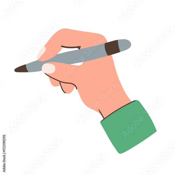 Fototapeta Vector illustration of human hand holding pen, isolated on white background. Writing and drawing concept. Flat simple hand drawn doodle design. 