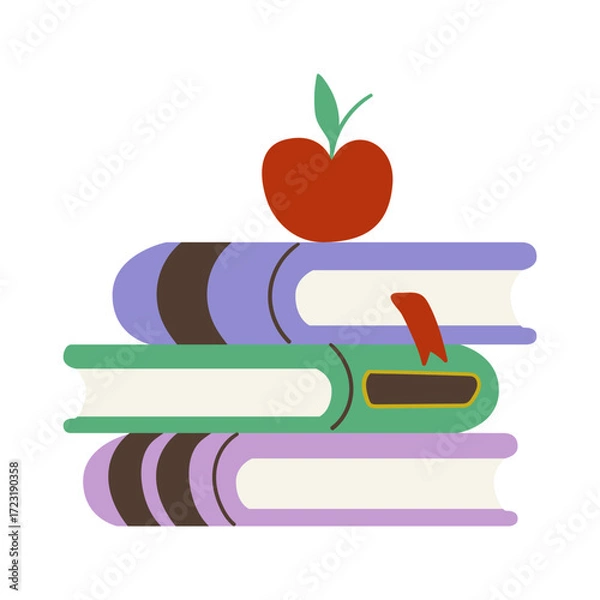 Fototapeta Vector illustration of a stack of colorful books topped with a red apple, educational banner, children's books or academic materials. Flat simple hand drawn doodle design.