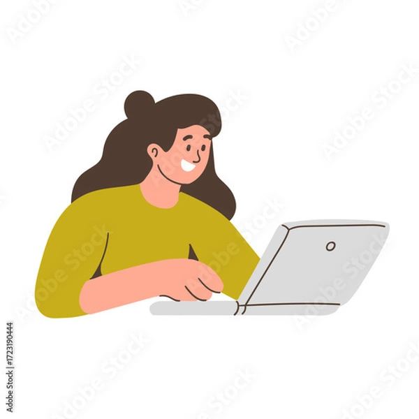 Fototapeta Cheerful young woman using a laptop, engaging in online activities or remote work. Vector illustration, flat simple hand drawn doodle design. A businesswoman works at a computer. Female employee