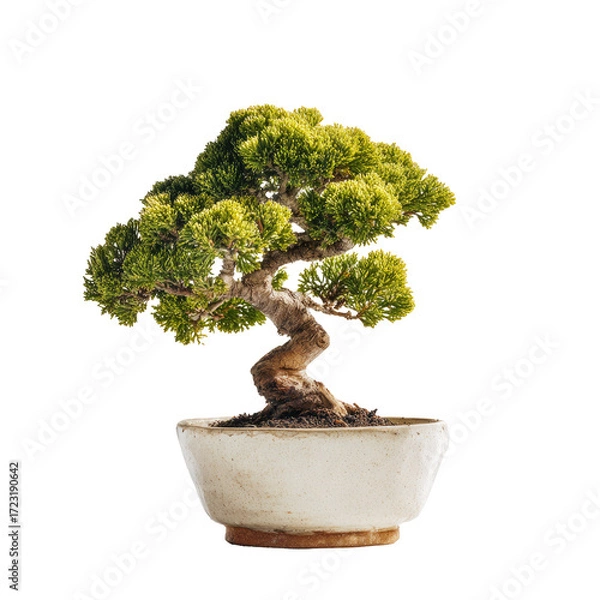 Fototapeta A bonsai tree with vibrant green foliage in a simple white pot