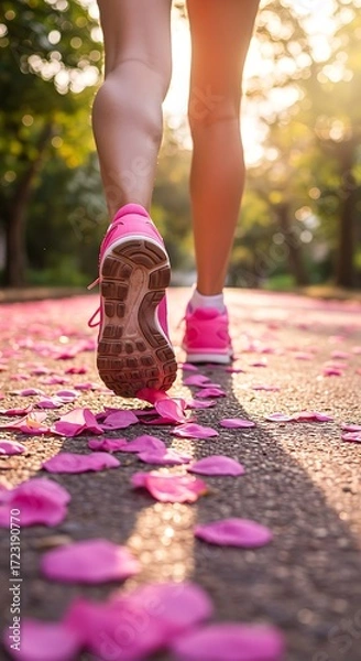 Fototapeta Pink Ribbon Race: Running for Breast Cancer Awareness running on the road, A close-up of a runner's foot stepping onto a vibrant path decorated with pink petals in a sunny outdoor setting. 