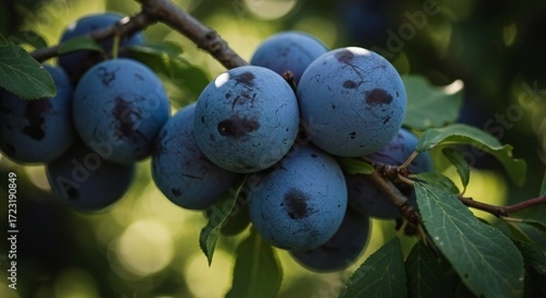 Fototapeta Ripe plums on a branch with green leaves, a close-up shot in natural sunlight
