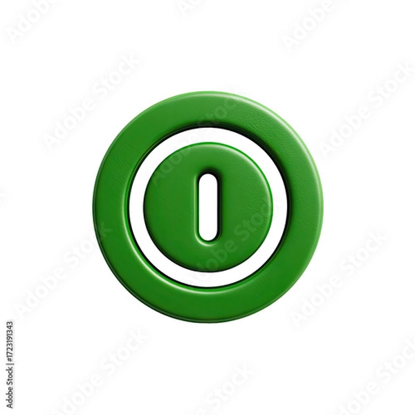 Fototapeta A vibrant, glossy, emerald green circular button with an inner, slightly recessed, green "O" shape