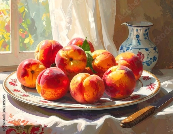 Fototapeta Peaches on a plate by a sunny window
