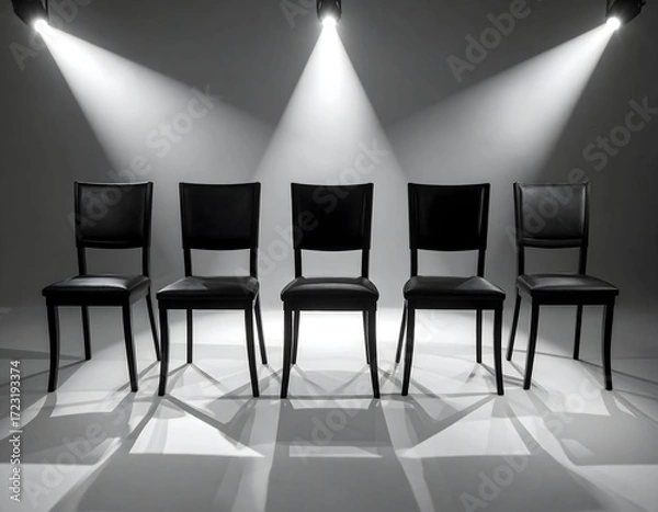 Fototapeta Empty black leather chairs in a row under spotlight illumination