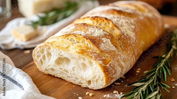 Fototapeta Rustic Sourdough Bread with Rosemary and Cheese on a Wooden Board