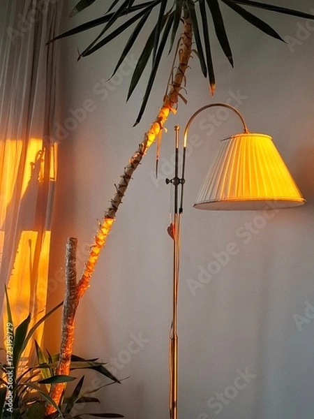 Fototapeta  Minimalist interior featuring a sleek floor lamp and a single potted plan.