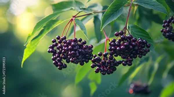 Fototapeta Vibrant Elderberries Hanging From Branches In Soft Sunlight
