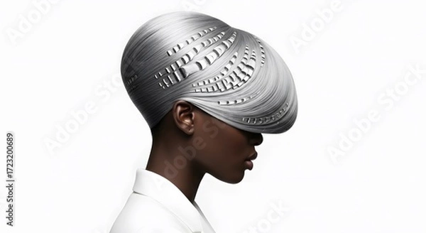 Fototapeta Elegant profile of woman showcasing elaborate architectural silver hair Avant-garde Fashion Beauty Art Modern Design