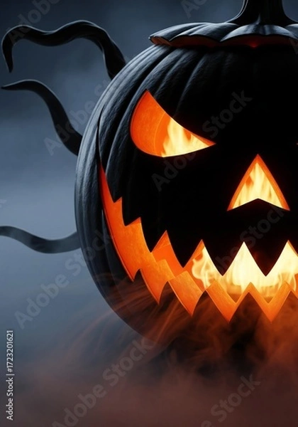 Fototapeta Sinister jack-o'-lantern with fiery glow, spooky aura, and dark, ominous background depiction