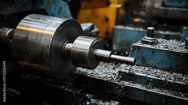 Fototapeta Close-Up of Lathe Turning Operation: Metal Being Cut with Bright Sparks Flying—Highlights Precision Machining Process, Industrial Manufacturing Detail, and Metalworking Craftsmanship in a Workshop
