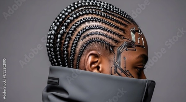 Fototapeta Afro-futuristic woman with advanced facial circuit technology Cyberpunk AI Braids Future Human Tech Digital