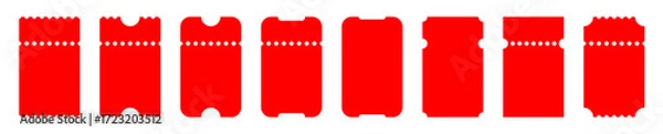Fototapeta Set of red ticket mockups with ruffle edges and shadows. Small vertical empty templates. Concert, movie or theater ticket. Boarding blank, lottery, sale coupon