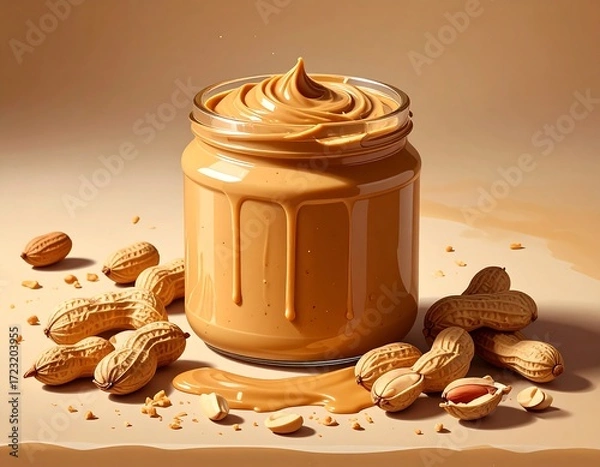 Fototapeta Peanut butter in a glass jar, surrounded by peanuts