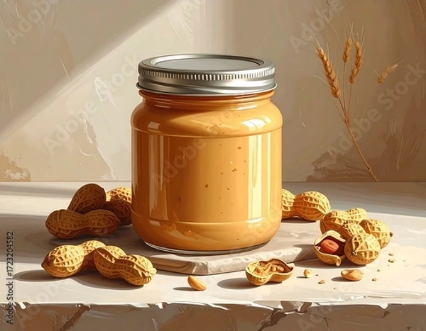 Fototapeta Peanut butter jar on a light beige surface, illuminated by sunlight