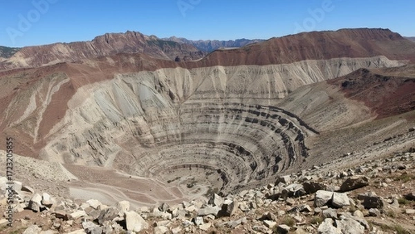 Fototapeta A high-angle, panoramic view of a large, circular, open-pit mine.  Colorful layers of earth and rock are visible within the excavation.