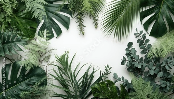 Obraz A vibrant arrangement of tropical leaves and plants forms a frame around a blank space, creating a serene and natural backdrop.