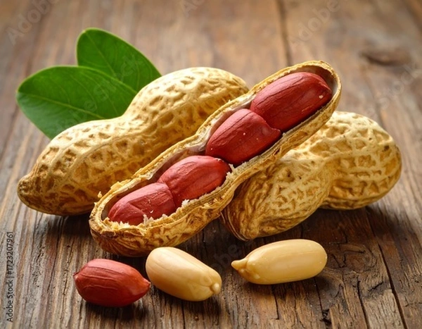 Fototapeta Peanuts in their shells on a wooden table