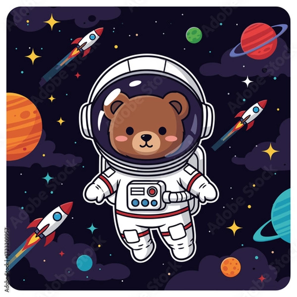 Fototapeta Adorable bear astronaut explores colorful outer space with planets and rockets