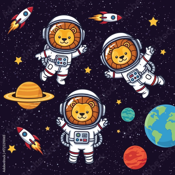 Fototapeta Cartoon lion astronauts exploring starry space with planets and rockets evoking adventure