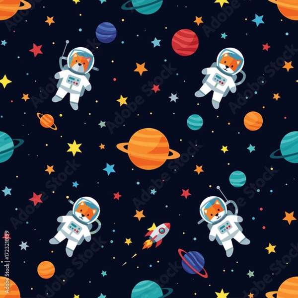 Fototapeta Whimsical cartoon astronaut foxes exploring colorful planets and stars in a space pattern