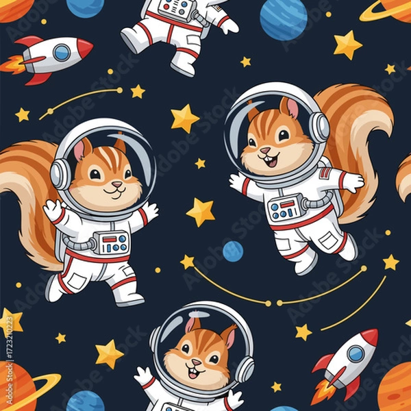 Fototapeta Adorable squirrel astronauts exploring space with planets stars and rockets Fun whimsical pattern