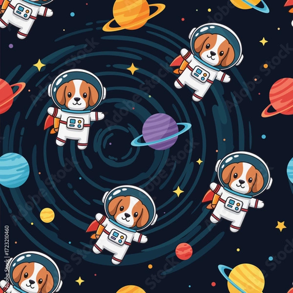 Fototapeta Cute astronaut dogs float in a playful space pattern with colorful planets and stars