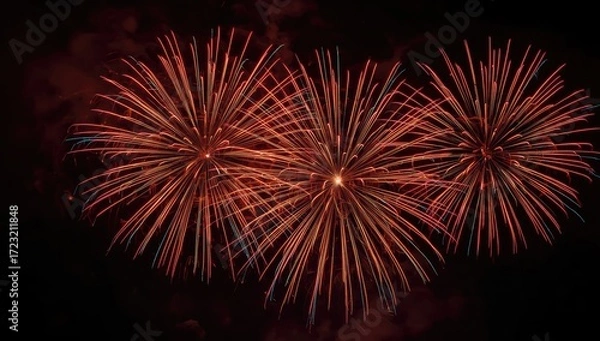 Fototapeta Three vibrant fireworks displays burst in the dark night sky, showcasing a spectacle of colors and light patterns.