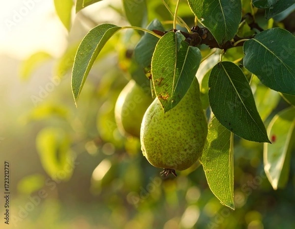 Fototapeta Pears hanging on a tree branch bathed in sunlight