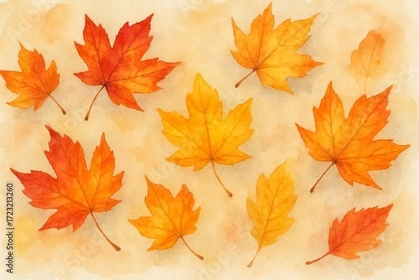 Fototapeta Watercolor illustration of colorful autumn maple leaves in warm shades of red, orange, and yellow on soft background.