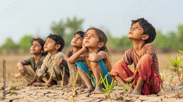 Fototapeta group of Indian children sitting in a cracked, dry field, looking up at the sky on blurred background