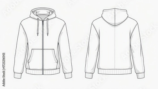 Obraz Technical drawing of a zippered hoodie, showcasing its front and back views in a simple, clean design.