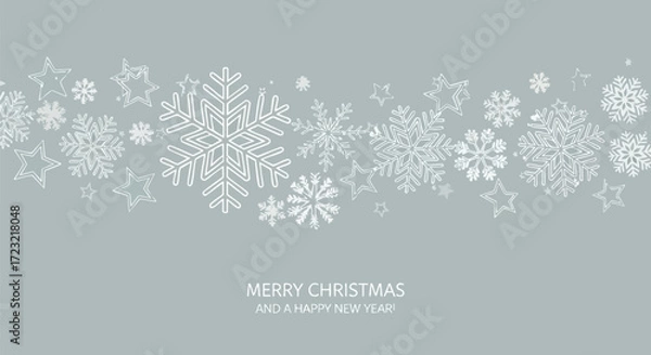 Fototapeta Christmas background with snowflakes and stars on a gray background.