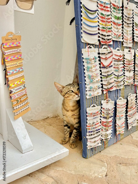 Fototapeta A playful cat peeks around the corner of a jewelry display in a shop in Djerba, Tunisia, showcasing colorful handmade accessories and a warm, welcoming atmosphere.