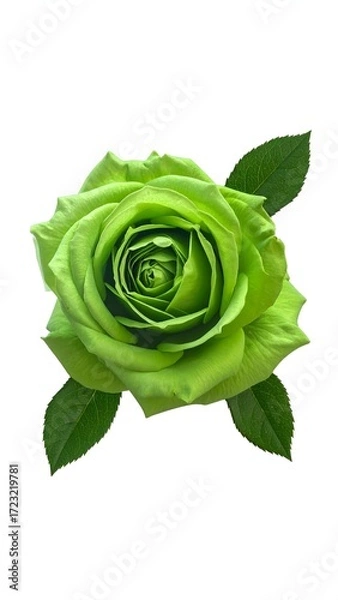 Fototapeta Vibrant lime green rose with two leaves, centered on a white background