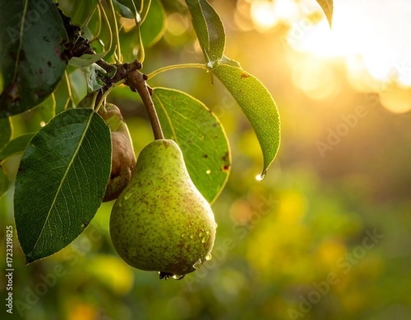 Fototapeta Pears on a tree branch at sunset