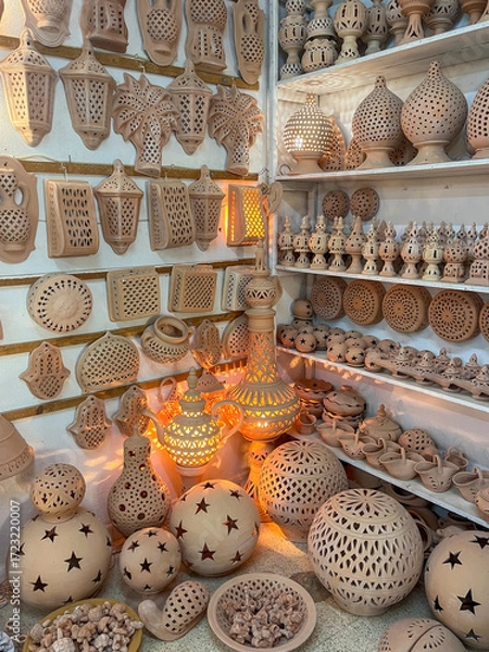 Fototapeta Visit the Guellala pottery shop in Djerba, Tunisia to see beautiful handcrafted pots displayed under a sunny sky, perfect for those seeking local artistry and culture.