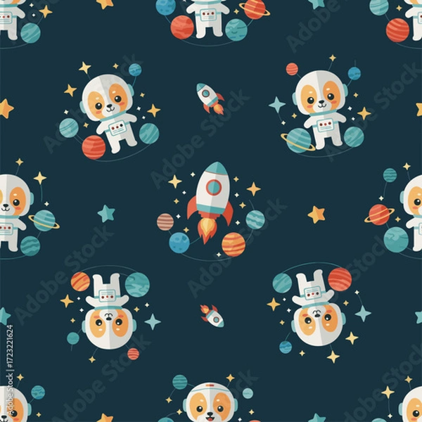 Fototapeta Cute astronaut dogs and planets in a seamless space pattern Whimsical background for kids designs