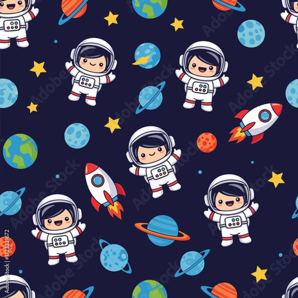 Fototapeta Smiling cartoon astronauts explore space with rockets and planets a fun educational pattern