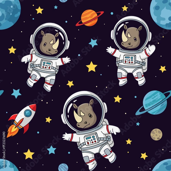 Fototapeta Cute cartoon rhinos as astronauts exploring space with planets stars and rockets Fun design
