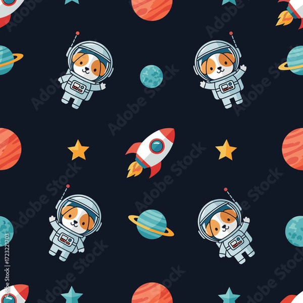 Fototapeta Cute astronaut dogs float with rockets and planets in a fun space exploration pattern for kids