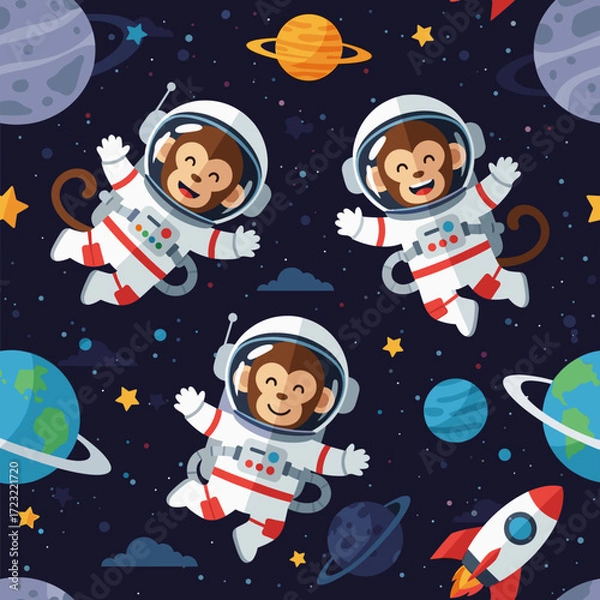 Fototapeta Three happy astronaut monkeys float in outer space with planets and stars Fun illustration for kids projects