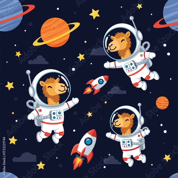 Fototapeta Cute camel astronauts float among planets stars and rockets in a whimsical space adventure